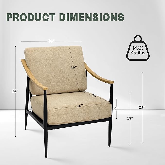 Modern Accent Chairs Set of 2 for Living Room Bedroom Mid Century Arm Chairs Upholstered Office Accent Chairs Comfy Waiting Room Chairs with Metal Frame, Khaki