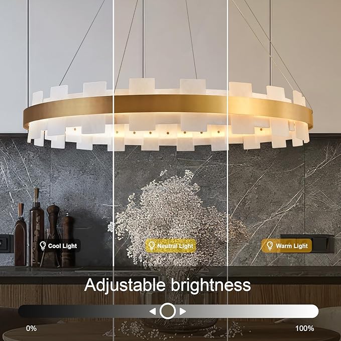 31.5" Natural Spanish Alabaster Round Chandelier, Adjustable Large Chandeliers for Living Room Over Table, Modern Luxury Alabaster Stone Chandelier for Drawing Room, Bedroom, Hallway, Foyer