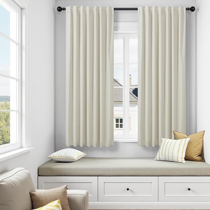 Neutral Burlap Curtains for Living Room 68 Inch Long Beige Closet Curtains for Open Closet Doors Sliding Panels Total Blackout Linen Curtain for Bedroom Aesthetic Light Blocking Viral Drapes