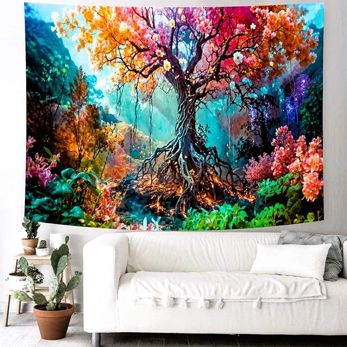 Delur Forest Tapestry Tree of Life Fantasy Tropical Rainforest Tapestry Wall Hanging Colorful Nature Mystical Landscape Psychedelic Spiritual Headboard for Bedroom Living Room Home Decor (70.8" x 92.5")