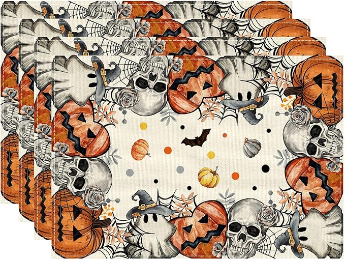 XCHI Spooky Skeleton Ghost Pumpkin Halloween Placemats Set of 4 Table Mats for Party Home Kitchen Dining Table Decorations 12x18 Inch