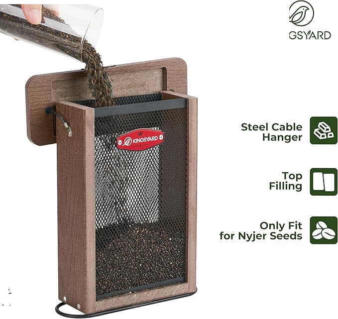 Kingsyard Metal Mesh Bird Feeder for Outdoors Hanging, Finch Feeder for Nyjer/Thistle, Sliding Mesh & Built-in Perch, Recycled Plastic, Brown