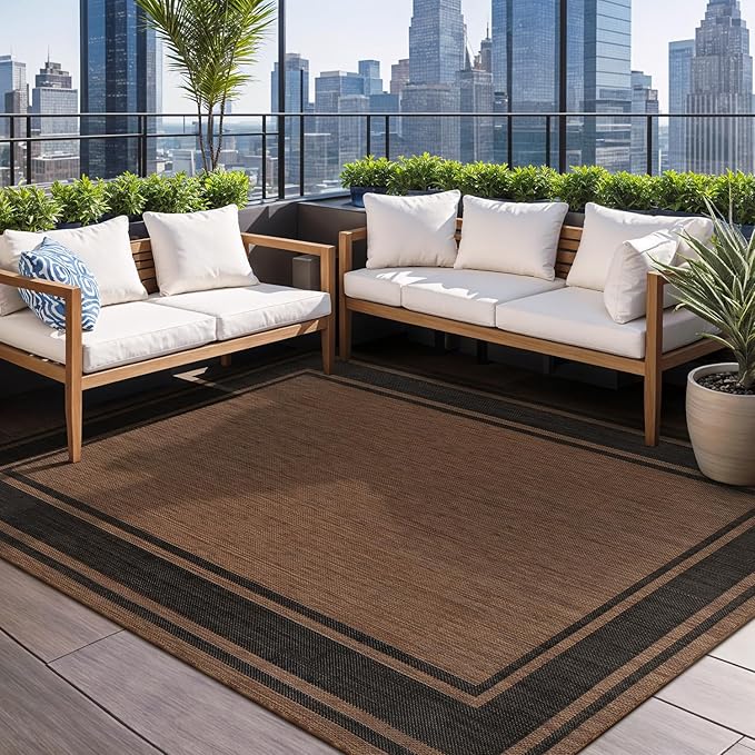 Beverly Rug Outdoor Rug 8x10 Modern Bordered Area Rugs for Indoor and Outdoor Patio Deck Porch Garden Waterproof Weather Sun Resistant Washable Outside Carpet (8 x 10 Gold)
