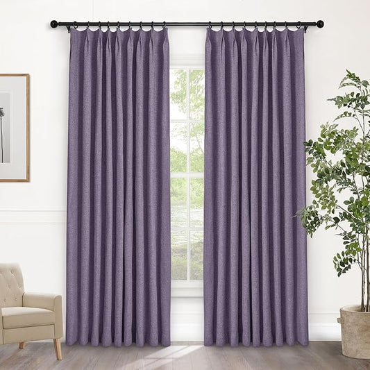 Macochico Pinch Pleated Blackout Curtains 102 Inches Long 100% Blackout Natural Linen Drapes for Bedroom Living Room Windows Farmhouse Burlap Curtains with Tieback 52”Wx102”L Violet 1 Panel
