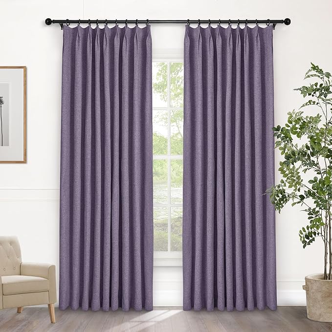 Macochico Pinch Pleated Blackout Curtains 102 Inches Long 100% Light Blocking Violet Linen Drapes for Bedroom Living Room Farmhouse Shabby Chic Burlap Curtains with Tieback 72”Wx102”L 1 Panel