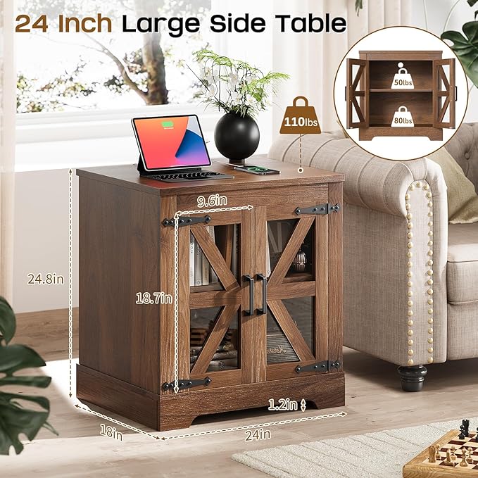 Farmhouse Side Table - 24" Large Night Stand Set 2, Wood Nightstand with Charging Station, Bedside Table with Adjustable Shelf, End Tables Living Room, Rustic Bed Side Tables Bedroom, Walnut