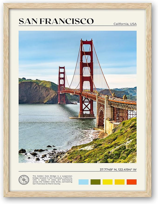 HesenDot Natural OAK Wood Golden Gate Bridge Framed Wall Art,12x16in San Francisco City Skyline Canvas Wall Print,Modern Urban Landmark Wall Decor for Living Room,Bedroom,Office Gallery Gifts Set of 1