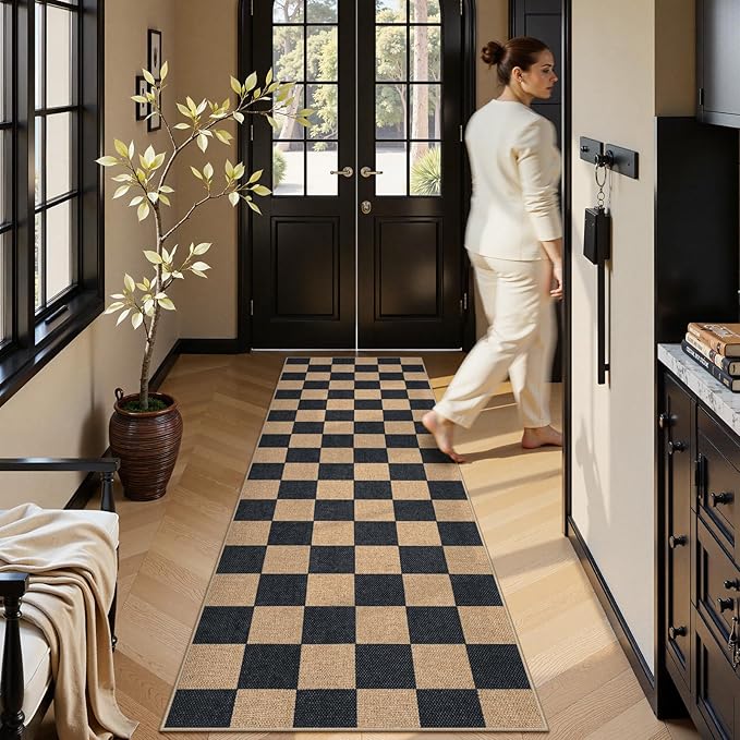 Lahome Checkered Easy Jute Runner Rug, 2x8 Kitchen Rug Non Slip Washable Outdoor Runner for Entryway Indoor, Checkerboard Black Indoor Outdoor Carpet for Hallway 8ft Entry