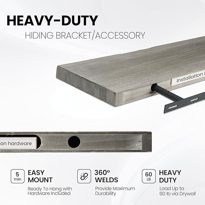 Floating Shelves for Wall, 36"x9.3" Rustic Solid Live-Edge Elm Wood Wall Shelves, Heavy-Duty Floating Shelves with Invisible Brackets, Set of 2 for Living Room, Bedroom, and Kitchen, Grey Finish