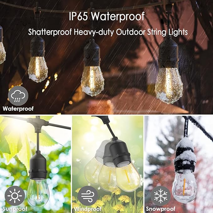 200FT String Lights for Outside LED Patio Lights Outdoor Waterproof with 63 Shatteproof Edison Lights Outdoor String Lights 2200K for Patio Gazebo Pergola Café