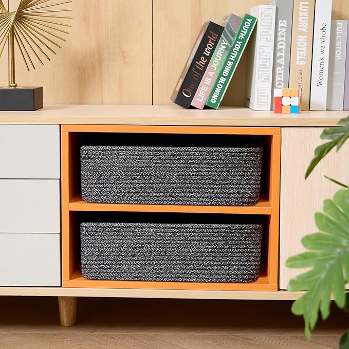 Large Shallow Organizing Baskets 15x11x5.1 Inches - Rope Woven Storage Bins for Bathroom, Shelves, Cube Closet, Mixed Black 2 Packs