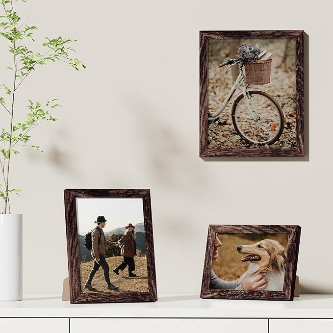Vittanly 6x8 Picture Frames Set of 9, Shatter Resistant Plexiglass, Display 4x6 Pictures with Mat or 6x8 without Mat, Photo Frames for Wall or Tabletop, Engineered Wood, Brown