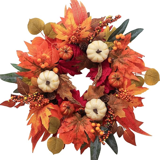 Fall Wreaths for Front Door, DECSPAS 21" Fall Wreath with Maple Leaves Pumpkin Berries, Autumn Decorations for Home, Artificial Harvest Door Wreath Outside, Window, Wall, Fireplace, Thanksgiving Decor
