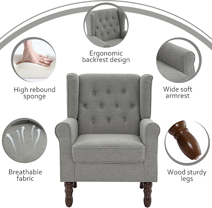 Lumibee High Back Accent Chair Set of 2,Upholstered Wingback Armchair with Solid Wood Legs for Small Spaces,Comfy Single Sofa Chair for Living Room,Bedroom,Office-Light Gray