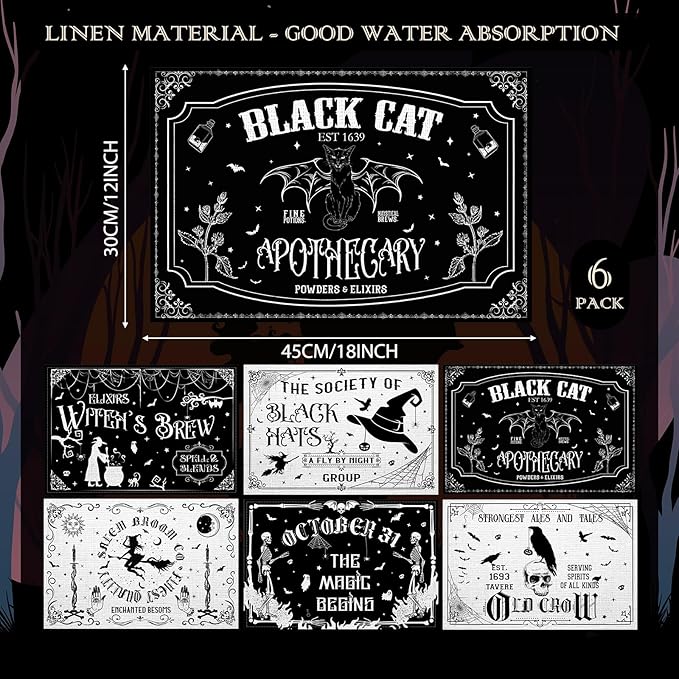 Umigy 6 Pcs Halloween Placemats 12"x18" Gothic Bat Placemats Kitchen Decoration Washable Witch Place Mats Rectangle Skull Table Mats for Halloween Dining Table Accessories(Black White Character Style)