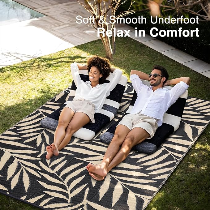 OLANLY Waterproof Outdoor Rug 6x9 ft, Reversible Outdoor Plastic Straw Rug with Leaf Pattern, RV Mat, Indoor Outdoor Carpet for Patio, Camping, Balcony, Deck, Backyard, Black & Beige