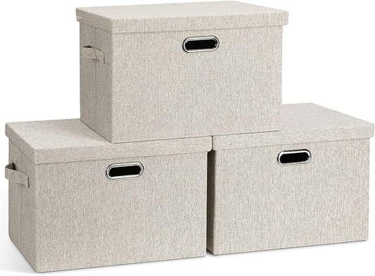 Large 17" 36 Quart Collapsible Stackable Storage Bins with Lids, 3 Packs Beige Linen Fabric Closet Boxes with Lids, Storage Cube Baskets Container Organizers for Bedroom Office(17 x12 x11)