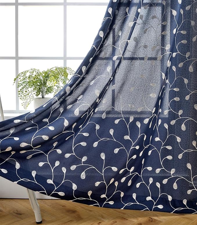 MIUCO Floral Embroidered Semi Sheer Curtains Faux Linen Grommet Curtains for Bedroom 52 x 84 Inch 2 Panels, Navy Blue
