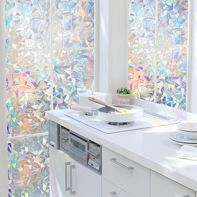 HIDBEA Window Privacy Film Static Clings, Rainbow Window Film, 3D Decals Non-Adhesive Window Vinyl Film for Home Door, 23.6 Inch x 13.1 Feet