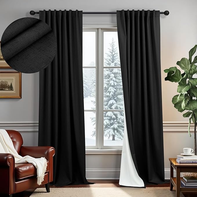 Black Linen Blackout Curtains 120 Inches Long 2 Panels Burg for Living Room Back Tab Pleated Thermal Cold Heat Sun Blocking Extra Long Drapes Black Out Blinds Shades for Bedroom Windows 52x120 Length