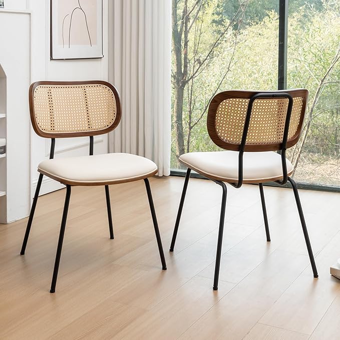 Rattan Dining Chairs Set of 4, Mid Century Modern Dining Chairs with Cane Back for Kitchen Dining Room, 19 Inch Faux Leather Beige