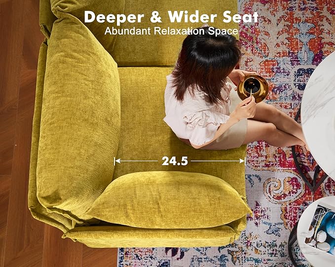 Oversized Accent Chair, Upholstered Modern Sofa Chair with Removable Backrest & Detachable Cover, 24.5" Deep Seat Large Reading Armchair for Living Room Bedroom Office-Chenille Yellow Set of 2