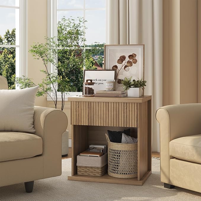 Fluted Nightstand, 22.8" Wide Nightstands with Drawer Storage Large Wood BedsideTable Night Stand for Bedroom Living Room Office, Natural Oak