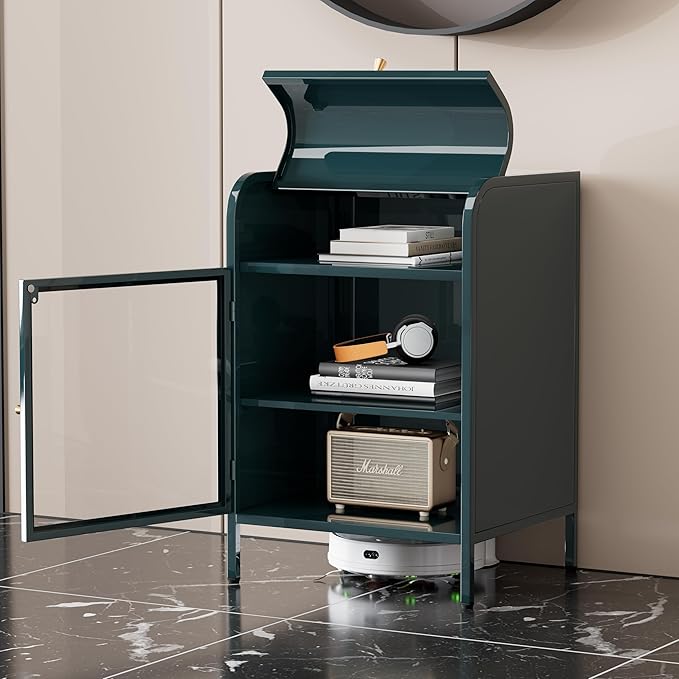 Modern Metal Side Tables Set of 2, End Tables with Glass Door, 2-Tier Nightstands with Storage Shelves, Accent Table, Slim Sofa Table for Living Room, Bedroom (Green)