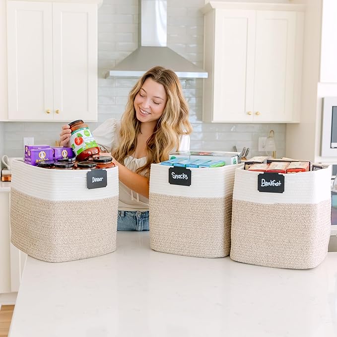 NaturalCozy 13x15x13 Kallax Storage Cubes Bins, 3 Pack | Cotton Rope Cube Storage Bin Woven Baskets for Organizing | Kallax Insert Storage Baskets for Shelves Organizer, Kids Toy, Closet Baby Nursery