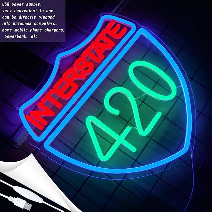 Interstate 420 Neon Sign Green Leaf Neon Signs for Wall Decor Dimmable 420 Theme Light Vintage Route Neon Light Sign for Game Room Man Cave Bar Decor Suitable Gift for Party Birthday（12.6 * 12.3inch）