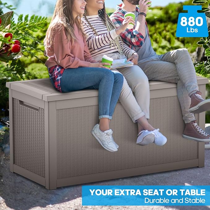 Large Deck Box 260 Gallon, Resin Patio Storage Box with Lockable Lid for Patio Furniture, Garden Tools, Pool Accessories, Weatherproof Outdoor Storage Bin, Brown