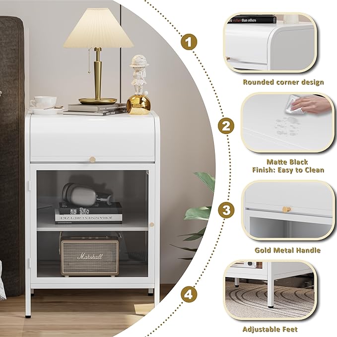 Modern Metal Side Tables, End Tables with Glass Door, 2-Tier Nightstands with Storage Shelves, Accent Table, Slim Sofa Table for Living Room, Bedroom (1, White)