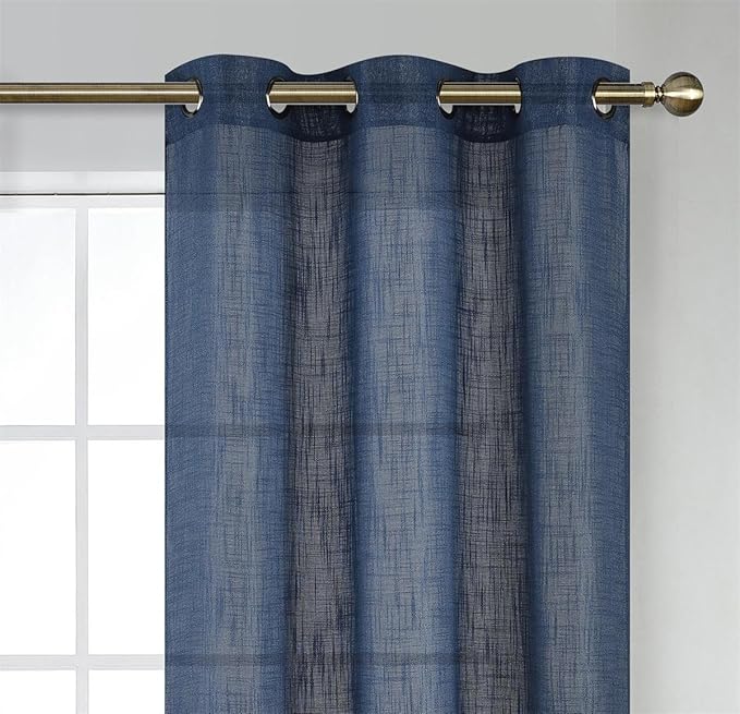 MIUCO Semi Sheer Curtains Poly Linen Textured Solid Grommet Curtains 63 Inches Long for Bedroom 2 Panels (2 x 37 Wide x 63" Long) Navy Blue