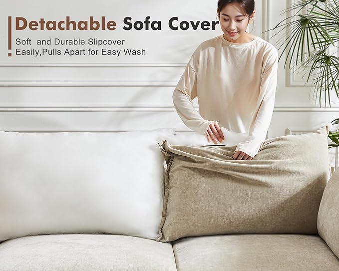 Oversized Loveseat Sofa, Modern Modular Sectional Couch Beige Fluffy Chenille Mid Century 2-Seat 24.5" Deep Seat for Apartment, Living Room, Bedroom