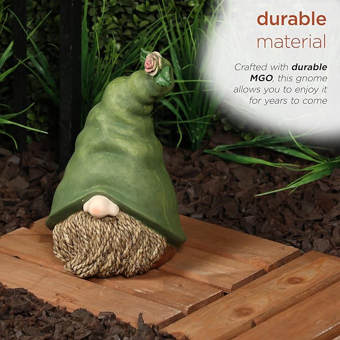Alpine Corporation - 10" Tall Outdoor Garden Gnome Decor - Gnome Head with Rope Beard and Flower on Green Hat – Durable Lawn Scupture, Ideal for Patio, Deck, & Yard