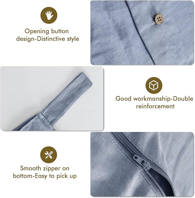 Linen Hanging Laundry Bag, 100% Linen Over The Door Laundry Hamper with Buttons and Zipper, Space Saving Door Hampers for Laundry Dirty Clothes Home Travel, Blue