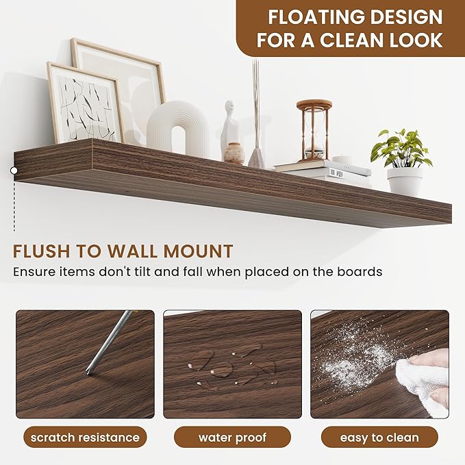 fuqing Floating Shelves for Wall, Bathroom Shelf Wall Mounted for Storage, Shelves with Invisible Bracket for Bedroom, Kitchen, Living Room, Farmhouse Small Book Shelf, 48 Inch Set of 2, Walnut