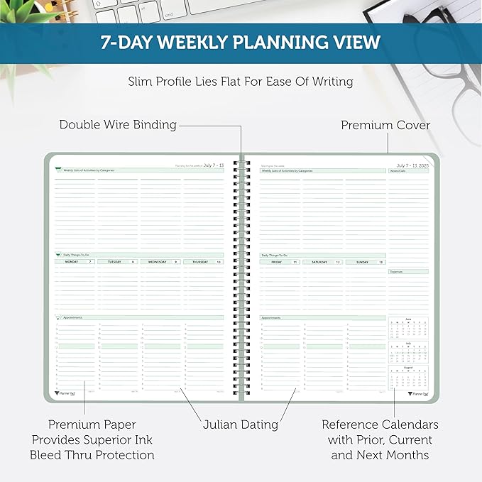 Planner Pad Spiral Bound 3-Tier Funnel Down 12 Month Organizer, July 2025 – June 2026 / Academic Year, Greenish Grey Cover/Soft Green Ink, 8 1/2" x 11"