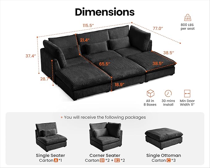Oversized Modular Sofa, Extra Deep Cloud Corduroy Sectional Couch with Ottoman Chaise, Fluffy Chenille 6 Seater Couch Bed for Living Room, Villa (Sofa Bed 6 Seater, Corduroy Black)