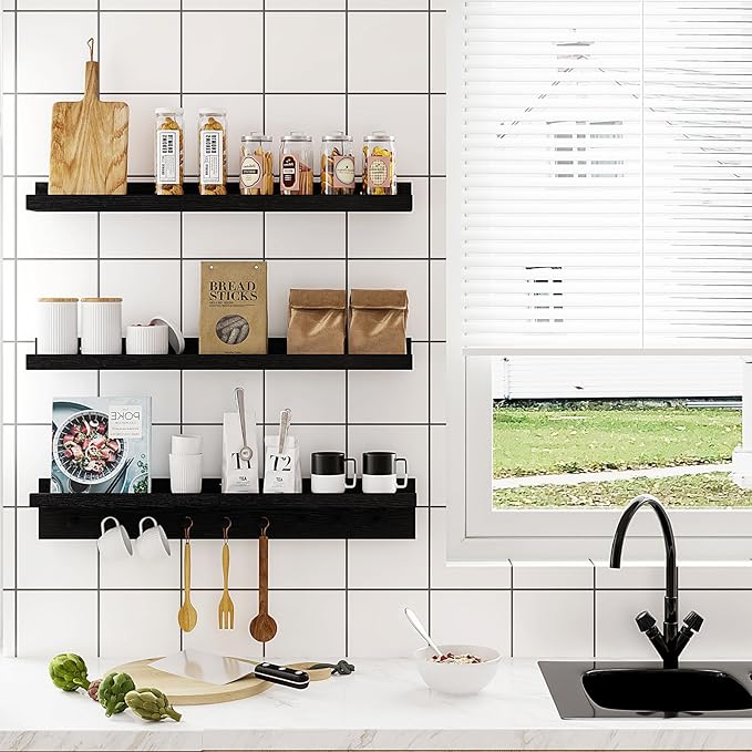 MBYD Floating Shelves for Wall, Nursery Floating Bookshelf for Kids Room, Black Wall Mount Book Shelves with Hooks for Living Room Bedroom Bathroom, 36 Inch Picture Ledge Kitchen Spice Rack Set of 3