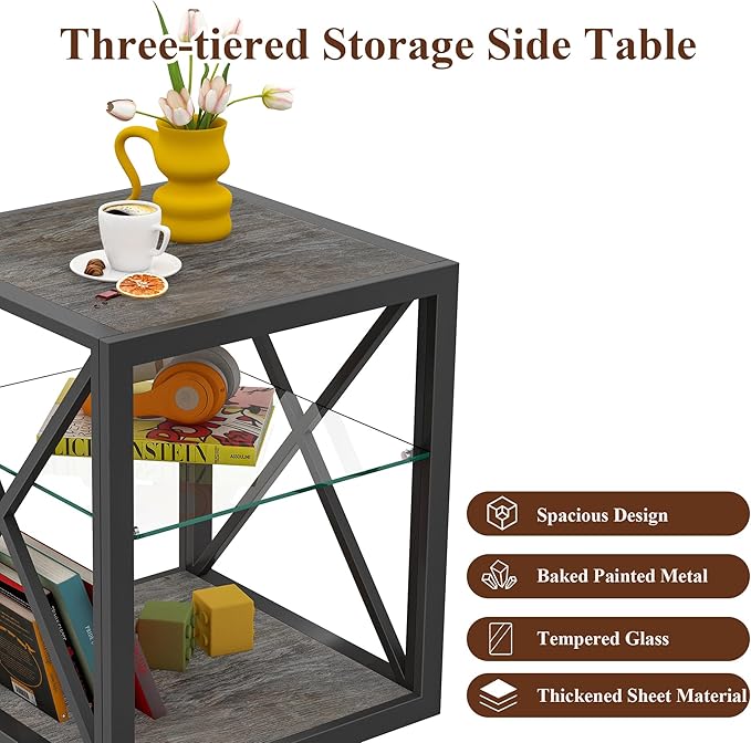Farmhouse End Table, Modern Side Table with 3-Tier Storage Shelf, Square Rustic Nightstand, Accent Tea Table, for Bedroom Office Living Room, Grey, Natural Wood, Glass, Metal