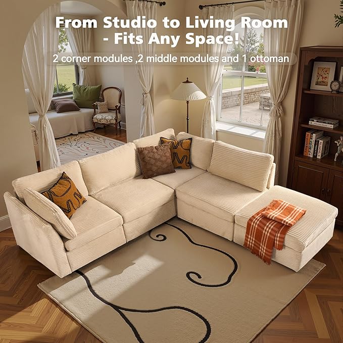 Modular Sectional Sofa, 130.7" L Shaped Couch Set for Living Room, 4-Seater Comfy Cloud Couches with Movable Ottoman, DIY Combination, Plush Corduroy, Beige