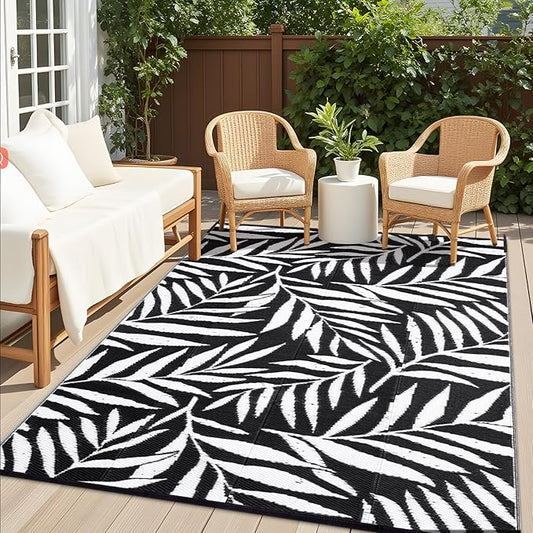 OLANLY Waterproof Outdoor Rug 9x12 ft, Reversible Outdoor Plastic Straw Rug with Leaf Pattern, RV Mat, Indoor Outdoor Carpet for Patio, Camping, Balcony, Deck, Backyard, Black & White