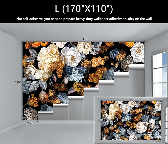 WFBHUA-Black and Gold Floral Wallpaper for Bedroom Vintage Blue Peony Flower Wall Mural (Not Peel and Stick)