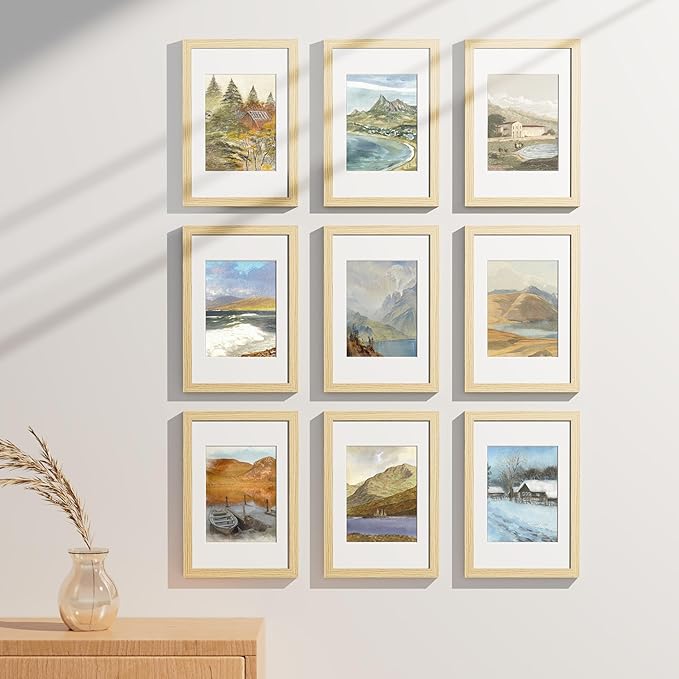Vittanly 8x12 Picture Frames Set of 9, Shatter Resistant Plexiglass, Display 6x8 Pictures with Mat or 8x12 without Mat, Photo Frames for Wall or Tabletop, Engineered Wood, OAK