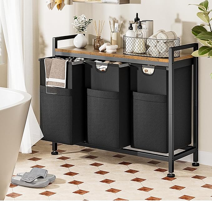 Lulive Laundry Hamper, Laundry Basket Organizer with 3 Pull-Out Removable Bags & Large Top Shelf, 3 × 12.5 Gal (142L) Freestanding Laundry Sorter 3 Sections for Laundry Room, Bathroom and Dorm