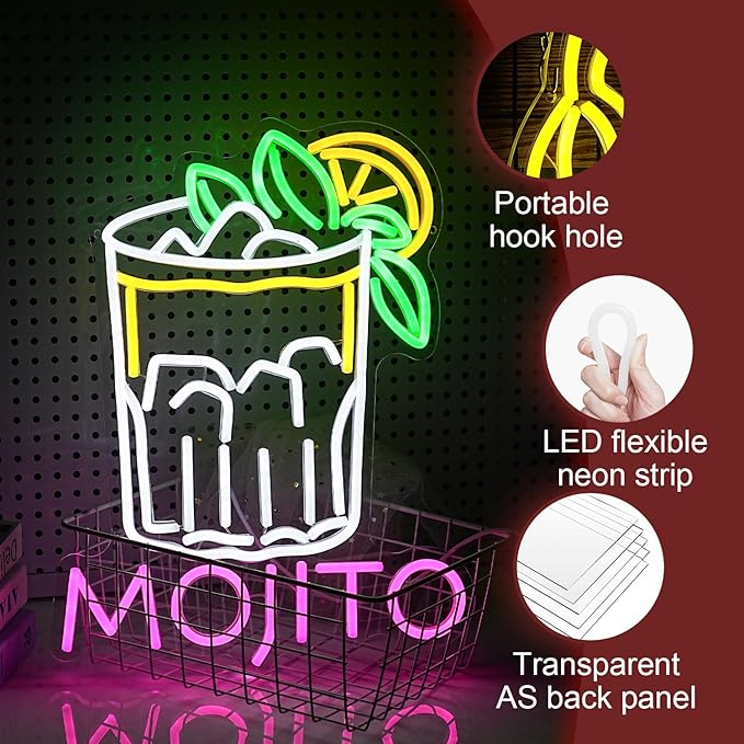 Mojito Neon Sign Mojito Cocktail Neon Light for Wall Decor Dimmable LED USB Powered Mojito Light Up Sign for Bar Club Party Home Bar Man Cave Living Room （16.7 * 12.8In）