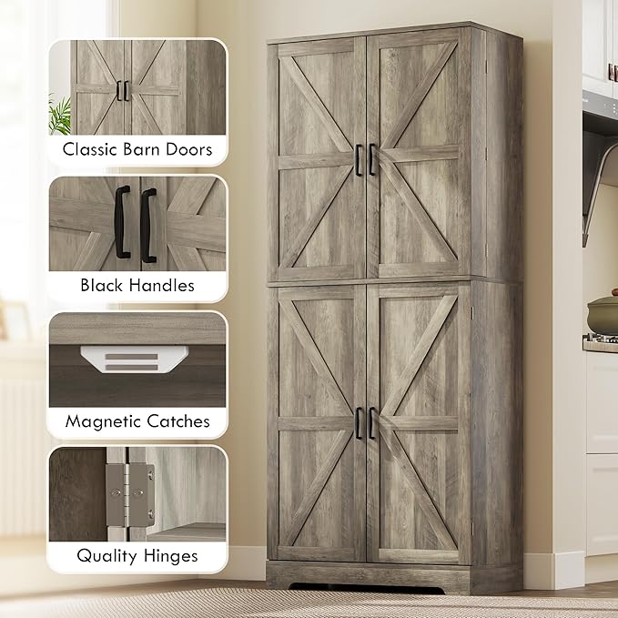 HOMCOM 72" Farmhouse Kitchen Pantry Cabinet, Freestanding Tall Storage Cabinet with 4 Barn Doors, 4 Adjustable Shelves and 8 Door Shelves, Gray Wash
