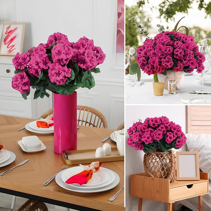 Hananona 12 Pcs Artificial Geranium Flowers for Outdoors Geranium Silk Flowers Outdoor UV Resistant Garden Plants Faux Flowers for Ptio Front Door Kitchen Table Centerpieces Home Decor (12, Rose Red)