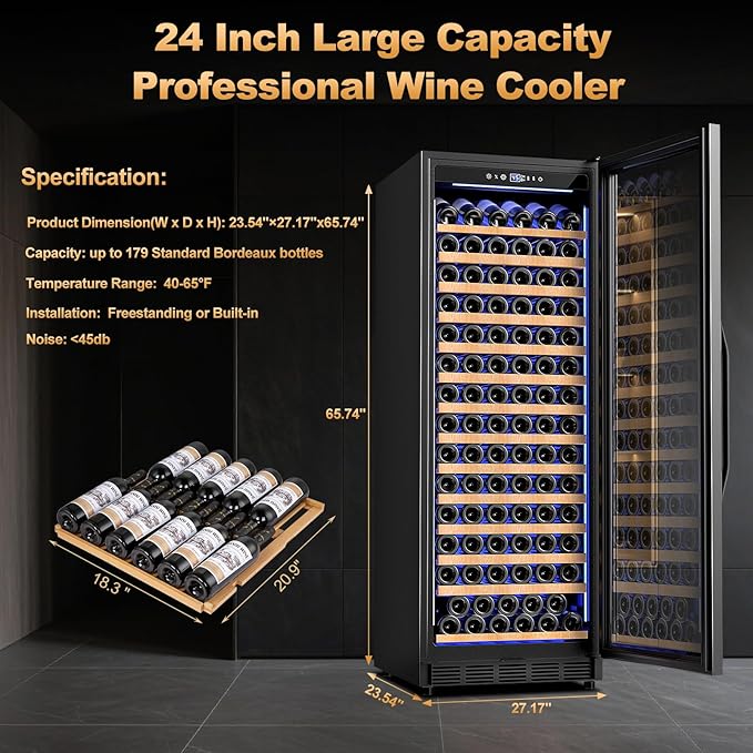 24 Inch Wine Cooler Refrigerator,179 Bottles Wine Fridge Large Capacity Professional Wine Cellars with Powerful Compressor,Quiet Operation and Elegant Design, Black